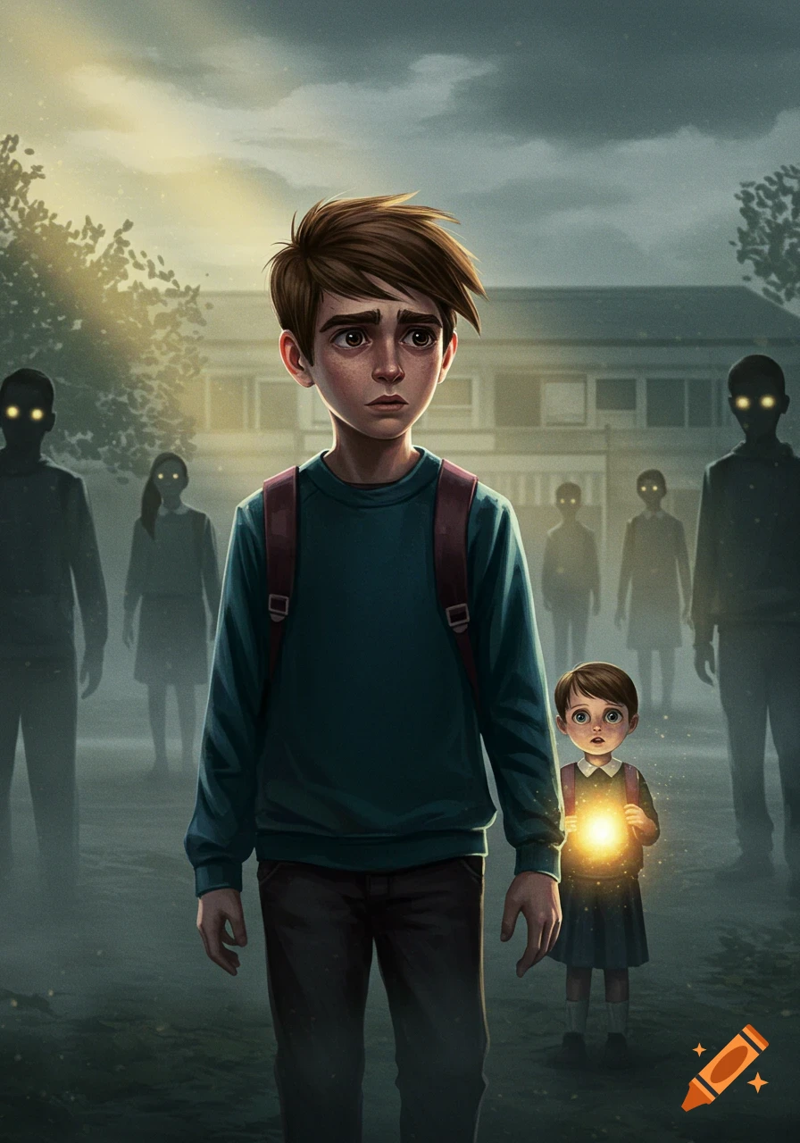 A scared boy with a backpack walks away from shadowy figures, while a smaller child in front of him holds a glowing orb in a dark, foggy setting. Stylized illustration.
