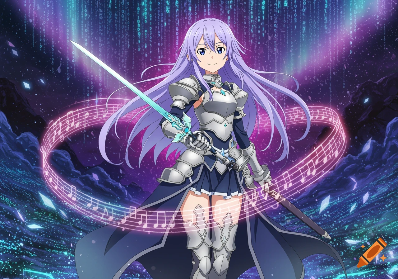 Anime girl with purple hair and blue eyes in armor, holding a glowing sword, with musical notes and binary code in the background.