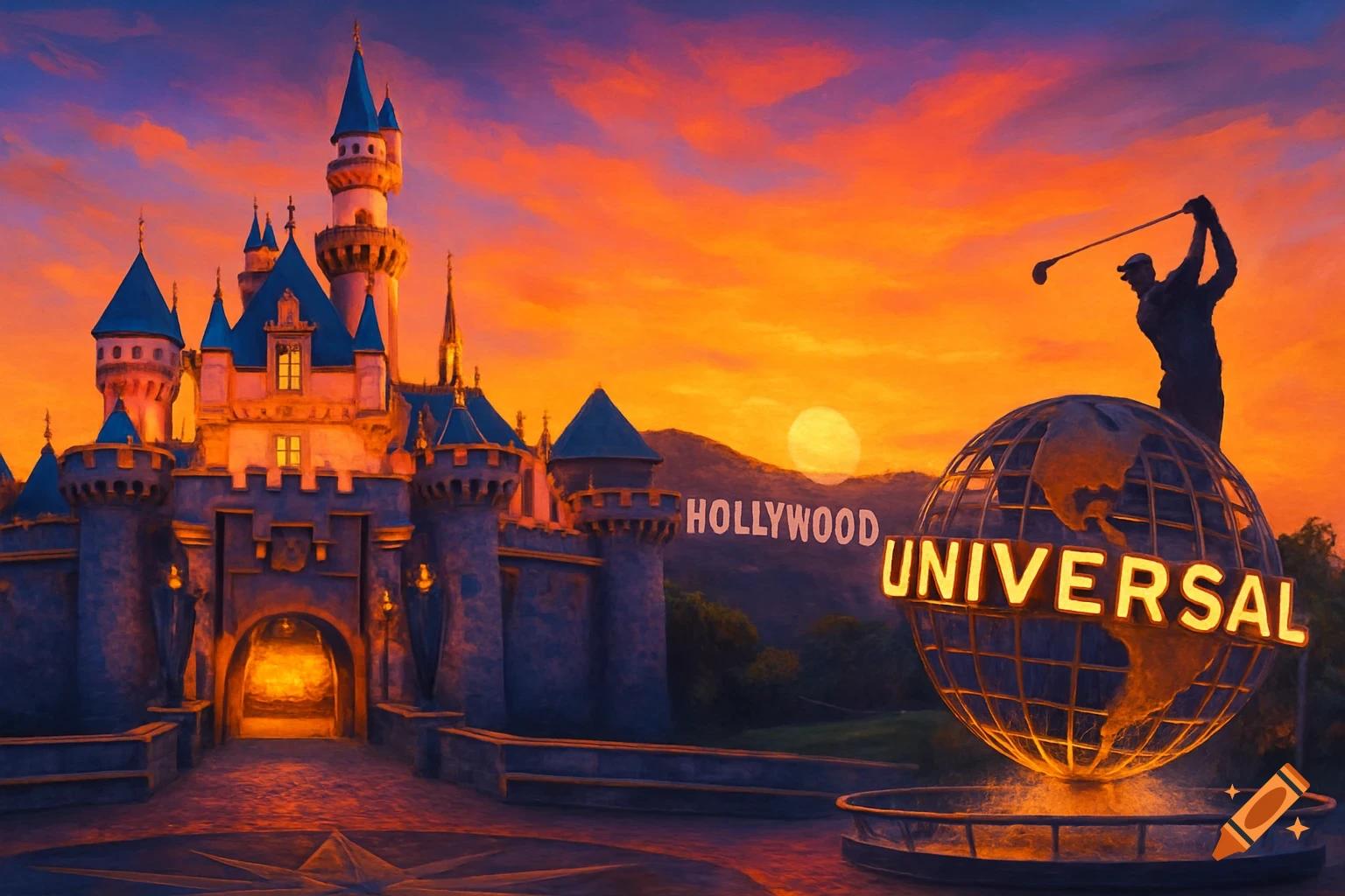 A fantasy castle at sunset with the Hollywood sign, Universal globe, and a golfer statue in the foreground.
