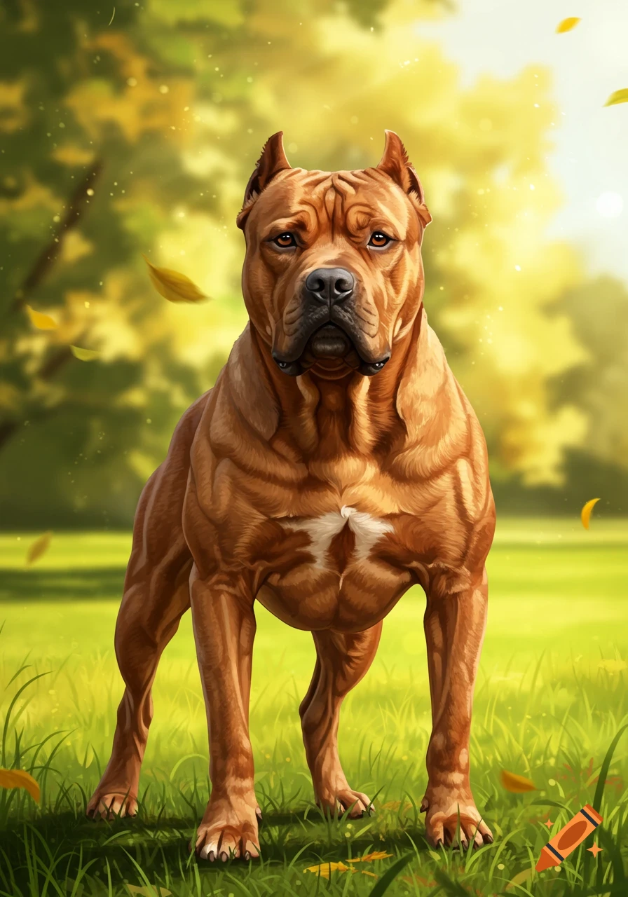 A muscular brown Pitbull-type dog stands confidently in a sunlit green park with trees and falling autumn leaves.