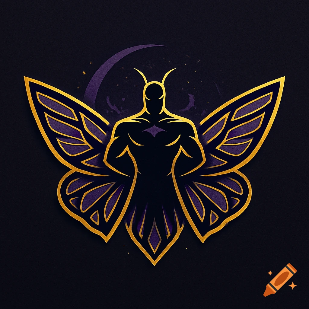 Stylized superhero logo with a black silhouette and gold-outlined purple moth wings against a dark background.