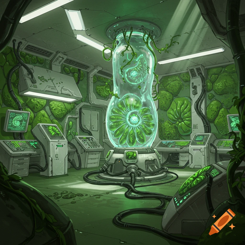A futuristic green laboratory with a large glass chamber containing glowing green plant-like structures, surrounded by computers and scientific equipment, in a detailed cartoon style.