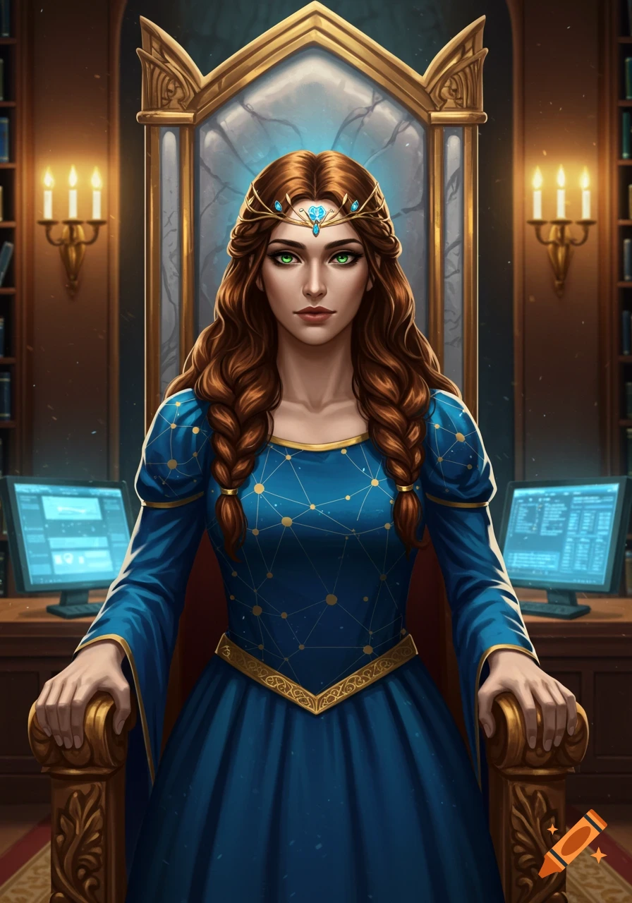 A woman with long brown braided hair and green eyes sits on a golden throne in a library, wearing a blue medieval-style dress and tiara. Two computer monitors are visible on the desk behind her.