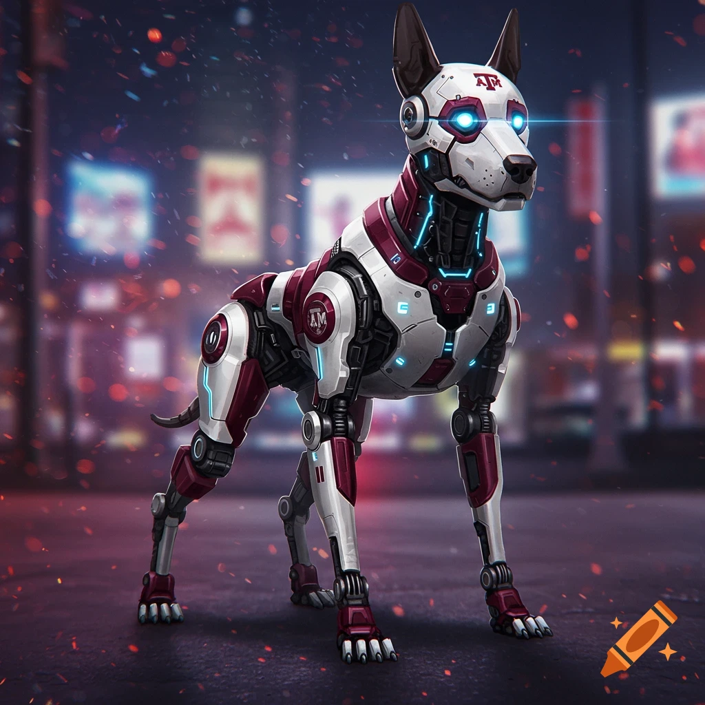 A white and maroon cyborg dog with glowing blue eyes stands in a futuristic city at night.