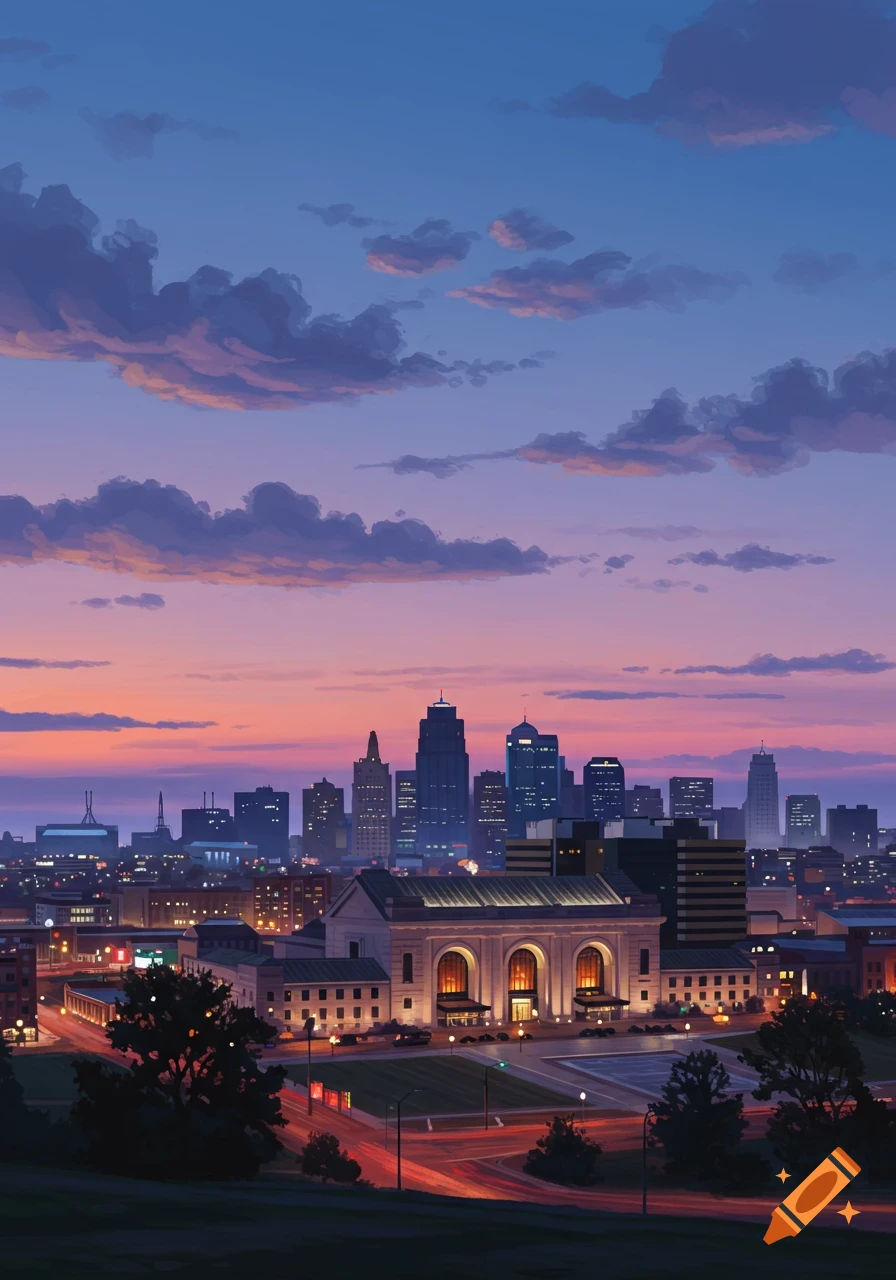 A stylized cityscape at dusk, featuring a grand building in the foreground and a distant skyline under a vibrant purple and orange sky.