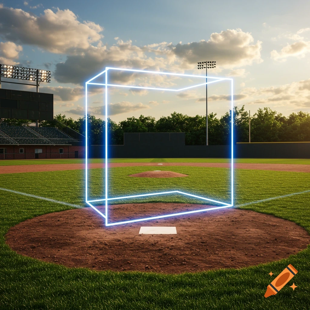 A photorealistic image of a glowing blue translucent cube standing at home plate on a baseball field.
