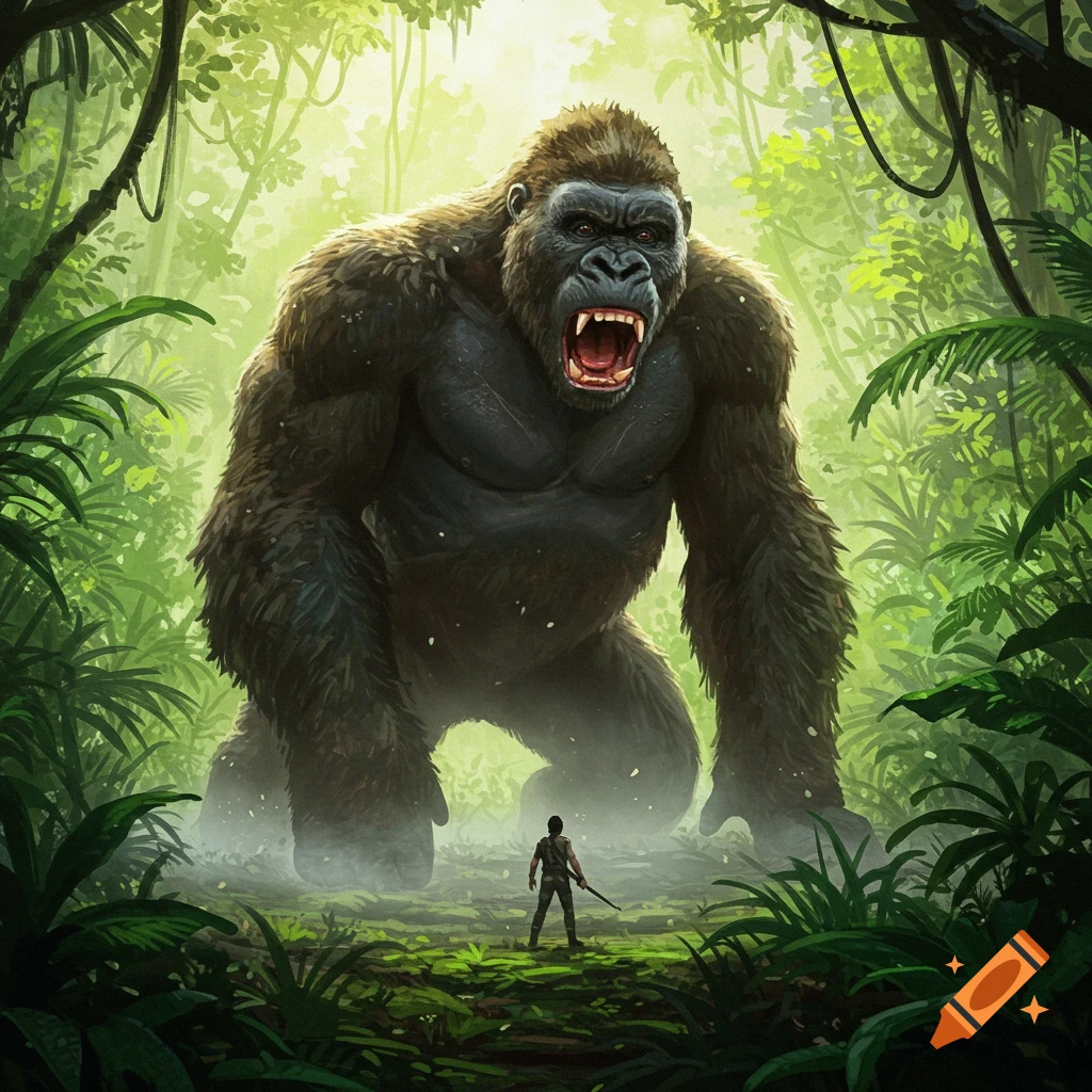 A giant, roaring gorilla confronts a small human in a lush, misty jungle.
