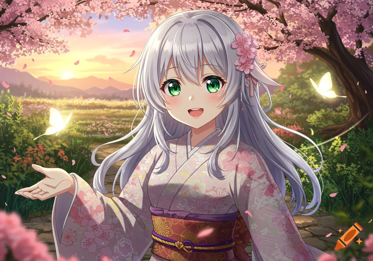 Anime girl with silver hair and green eyes smiling, reaching out in a cherry blossom field with glowing butterflies at sunset.