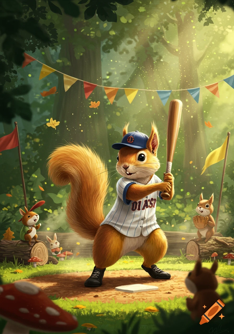 A whimsical illustration of an anthropomorphic squirrel in a baseball uniform holding a bat on a field, surrounded by other small animals in a forest.