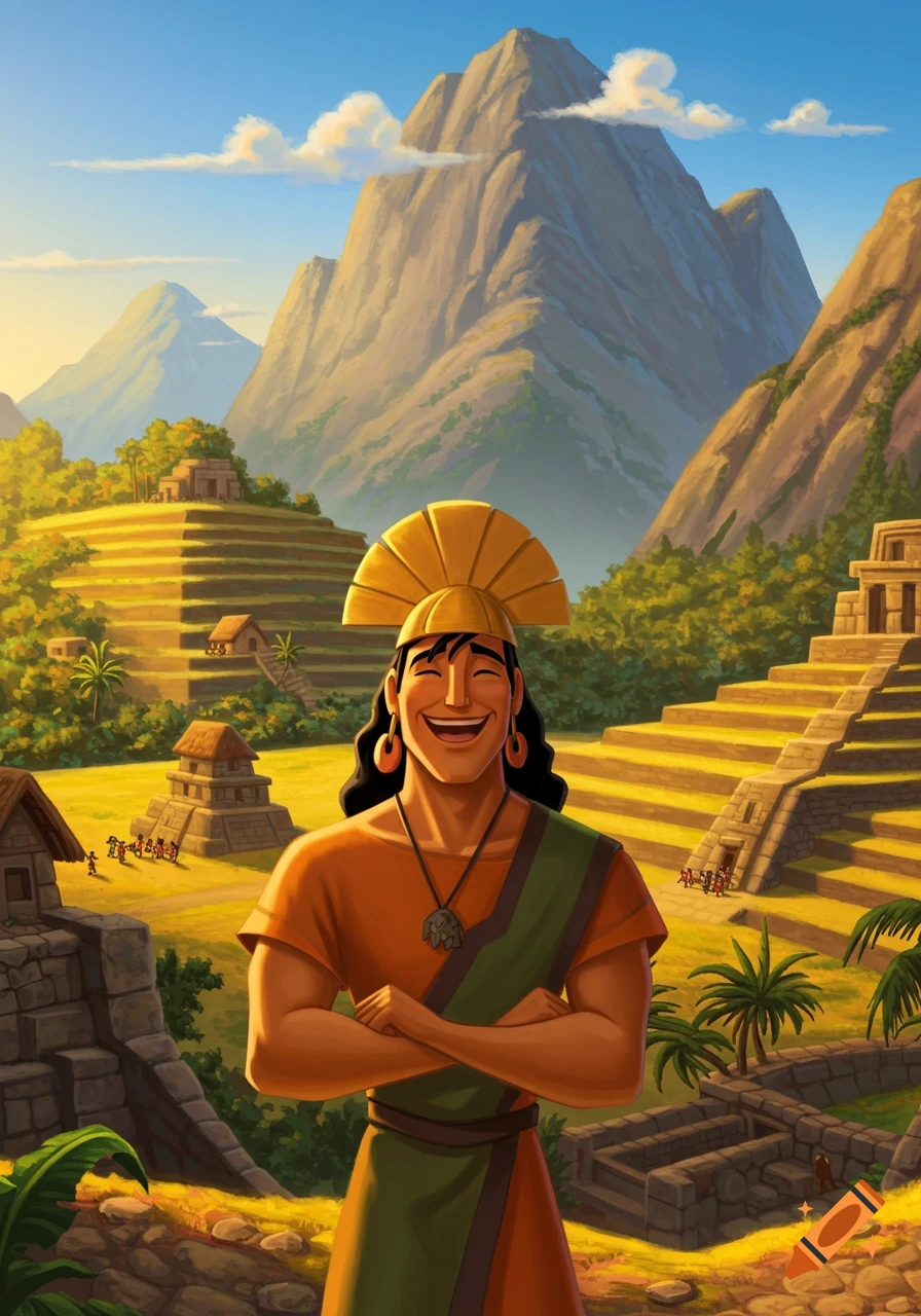 An animated man resembling Pacha from Emperor's New Groove smiles in a golden, mountainous, ancient Incan-like landscape.
