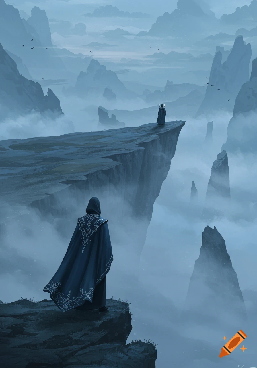 Two robed figures stand on misty mountain cliffs looking across a vast, atmospheric landscape with jagged peaks and flying birds.