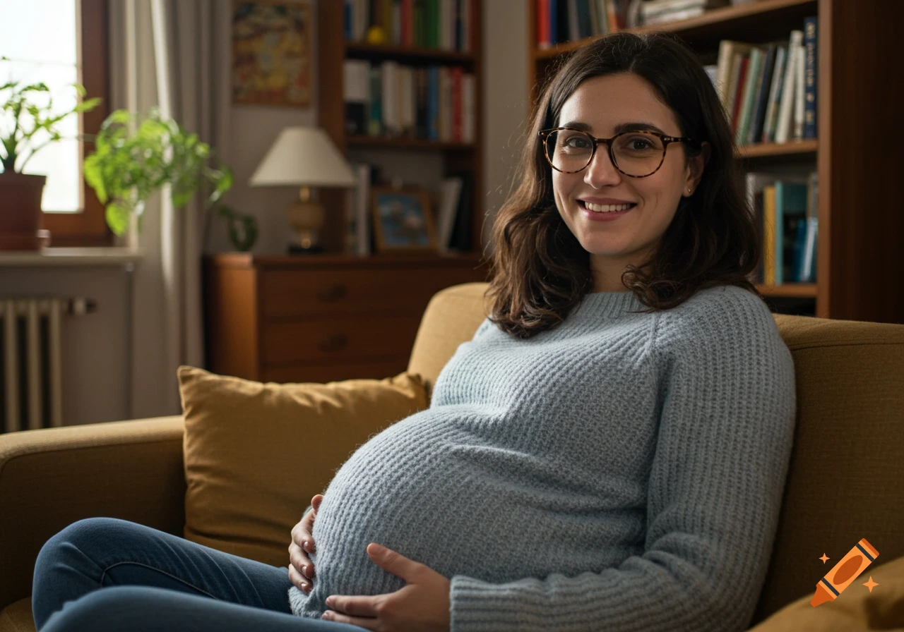 A smiling pregnant woman sits on a couch, gently holding her belly, with bookshelves in the background.