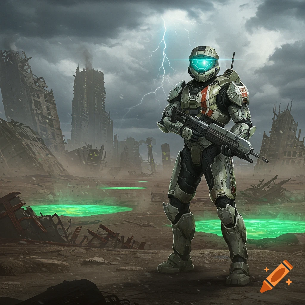 A futuristic soldier in green and white armor stands in a ruined city under a stormy sky with lightning and green glowing pools.