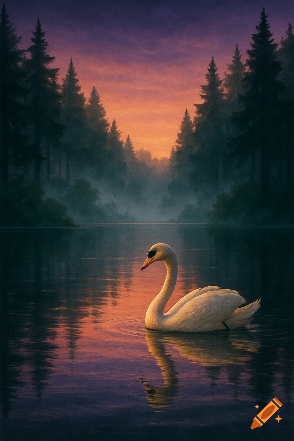 A white swan glides on a calm lake reflecting a vibrant orange and purple sunset behind a misty forest.