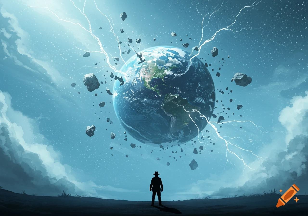 Silhouette of a man looking up at a shattered Earth surrounded by asteroids and lightning in a blue sky.