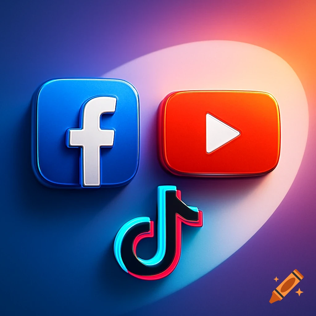 3D rendered logos for Facebook, YouTube, and TikTok on a gradient background.