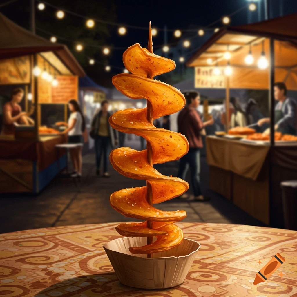 A spiral-cut tornado potato on a stick in a paper cup sits on a patterned table at a blurry night market.
