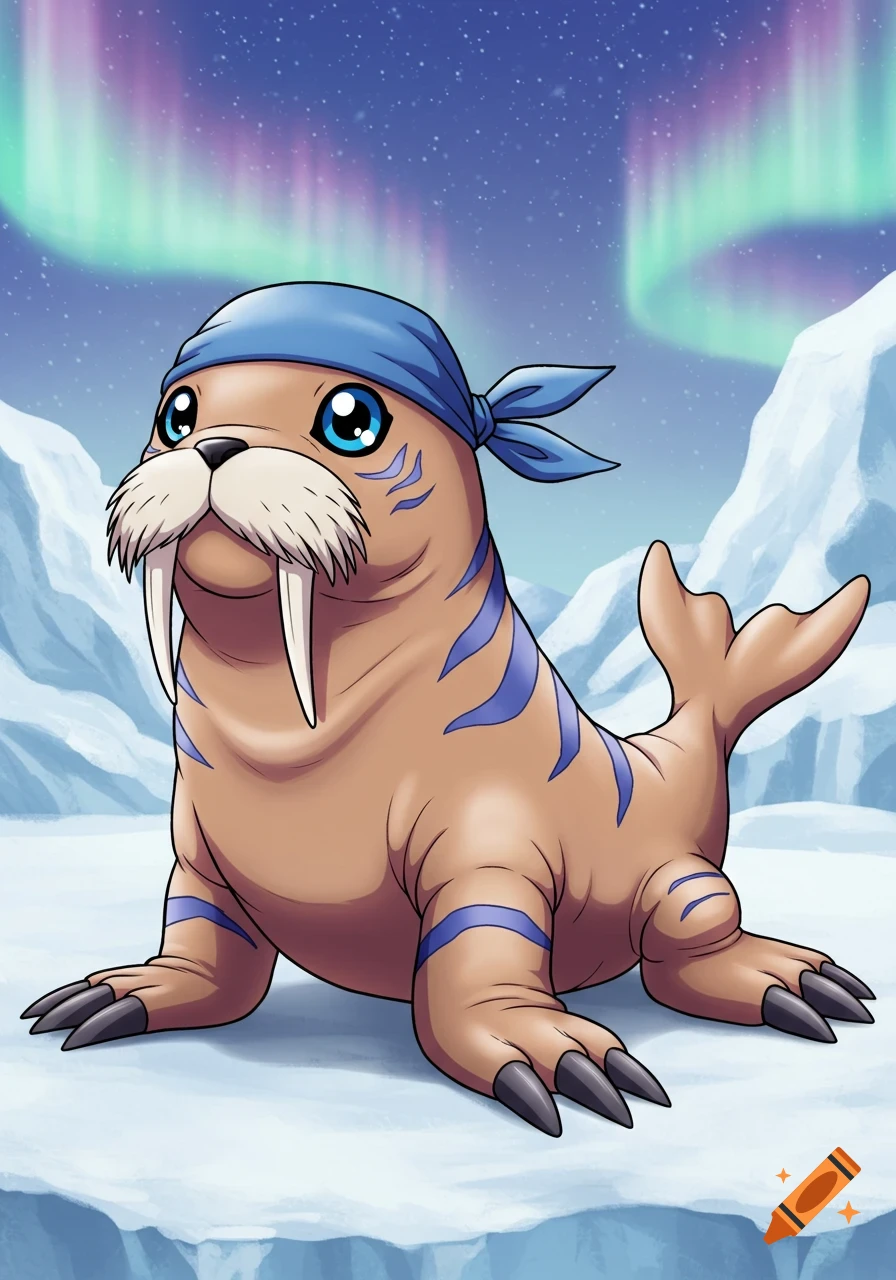A cute cartoon walrus-like Digimon wearing a blue bandana sits on snow under the northern lights.