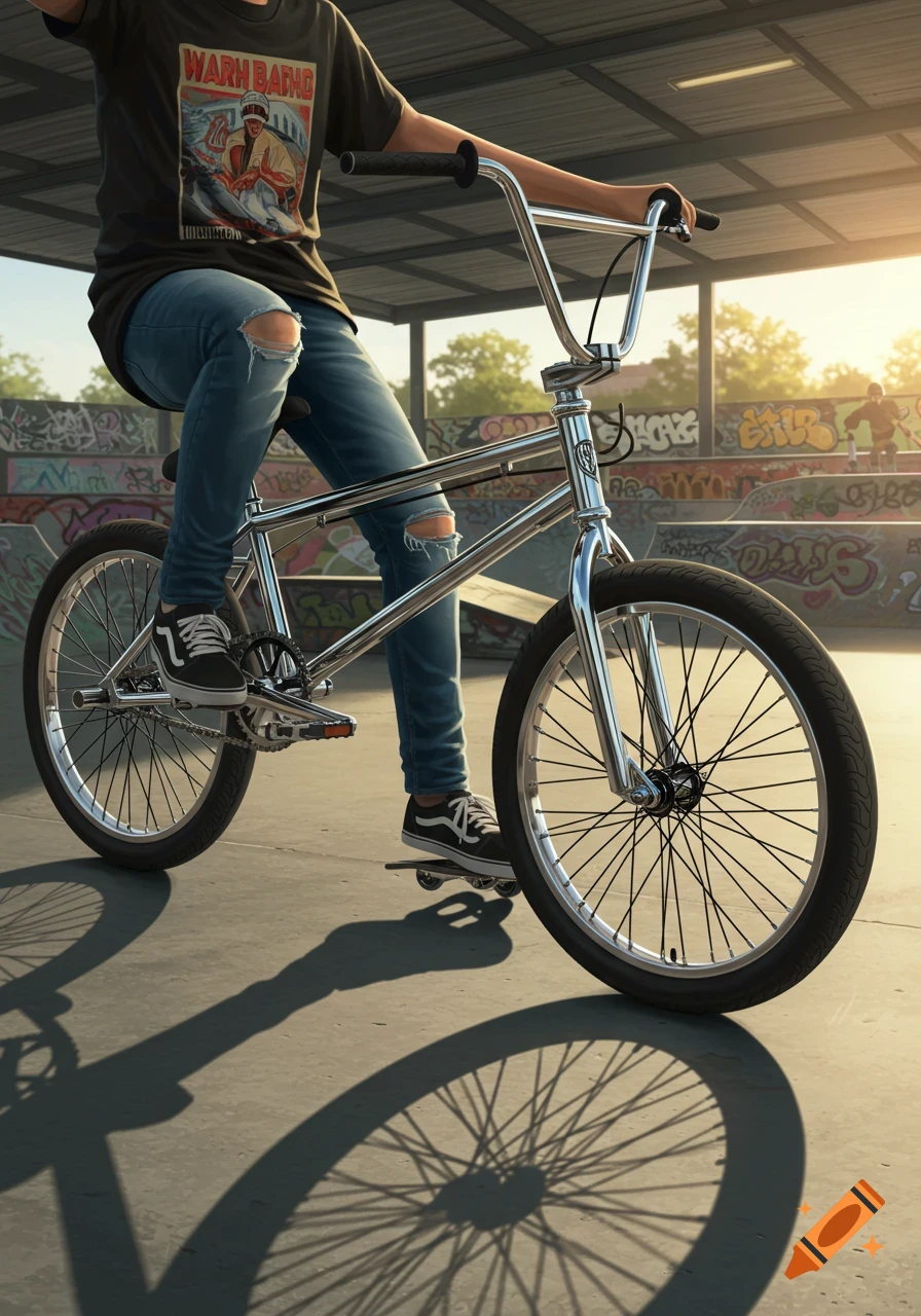 A photorealistic image of a teen on a chrome BMX bike in a sunny skatepark with graffiti.