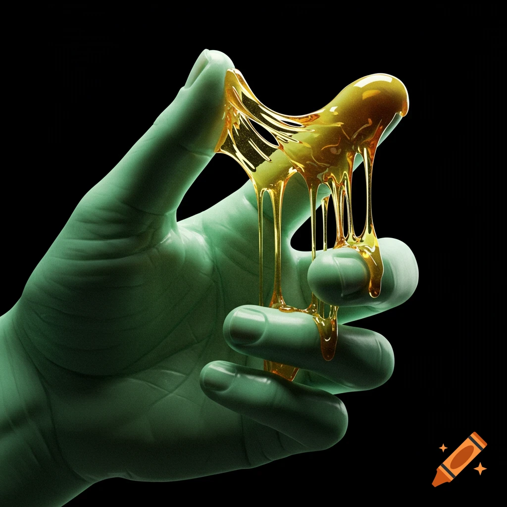 A light green hand pulling apart, with thick gold resin stretching between the thumb and index finger against a black background.
