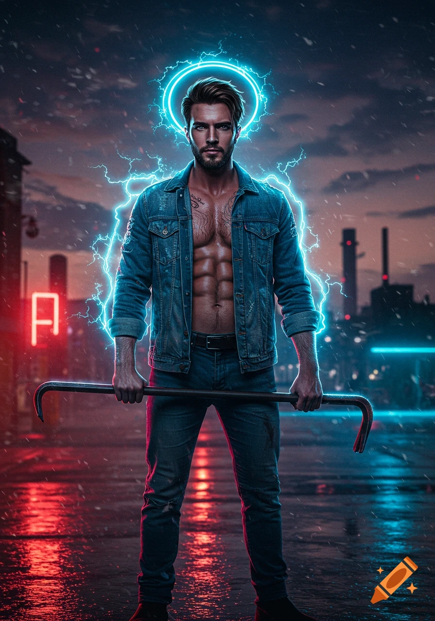 A muscular man in a denim jacket and jeans holds a crowbar, surrounded by blue lightning and a halo on a rainy, neon-lit street.