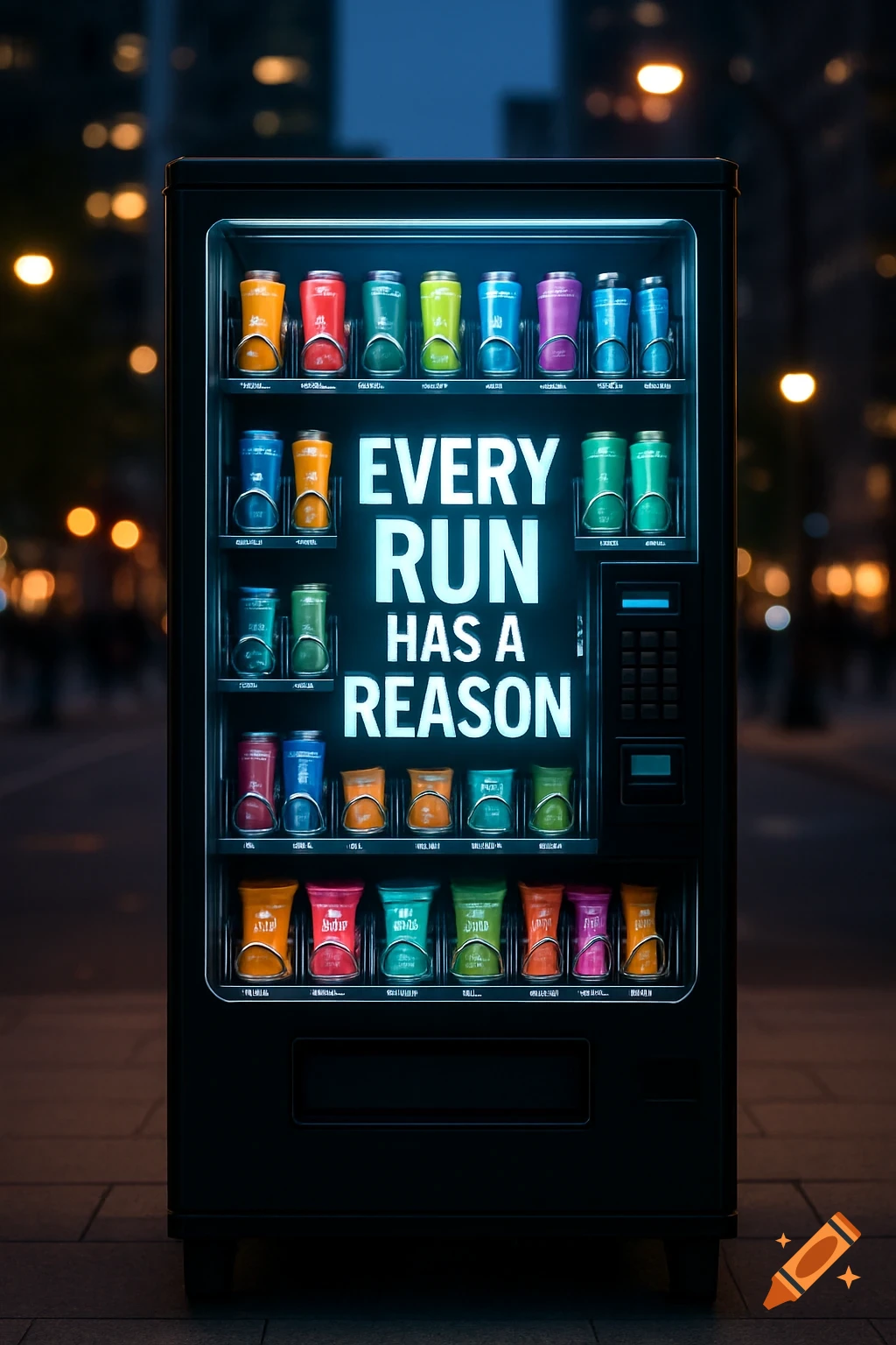 A photorealistic vending machine with a glowing screen displaying 'EVERY RUN HAS A REASON', standing on a city sidewalk at night.