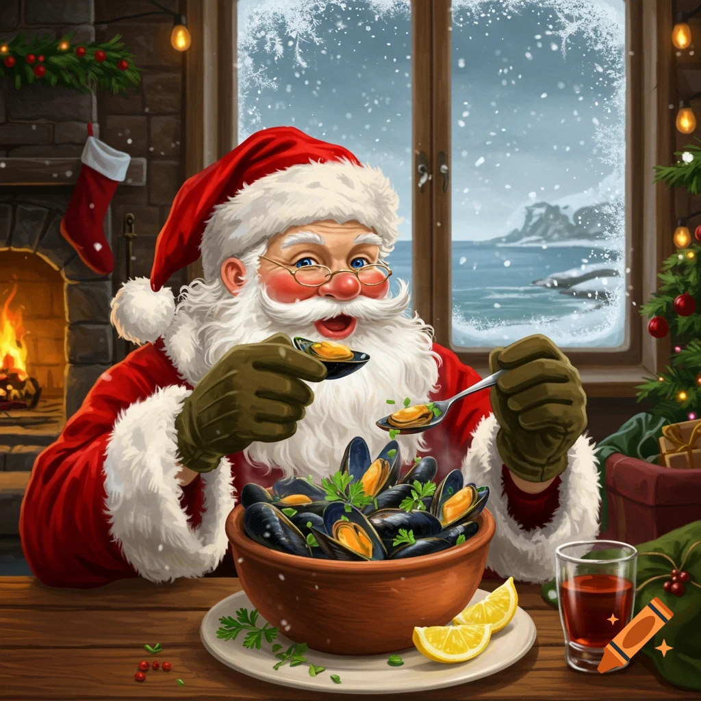 Santa Claus in a festive room, eating mussels from a bowl with a spoon, while snow falls outside a window. A fireplace and Christmas tree are visible.