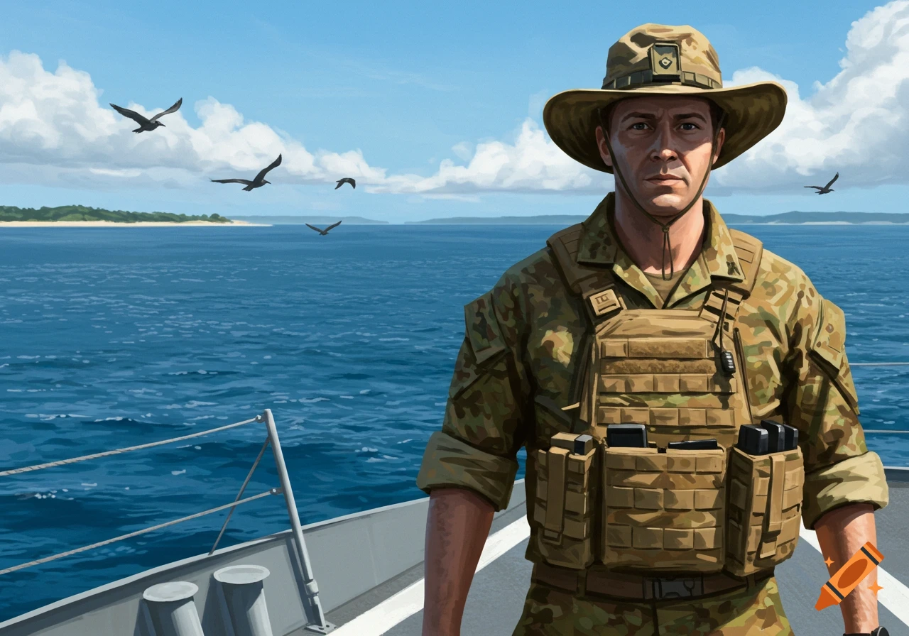 A stern-looking soldier in camouflage and tactical gear stands on a ship deck, overlooking a blue ocean with distant land and birds.
