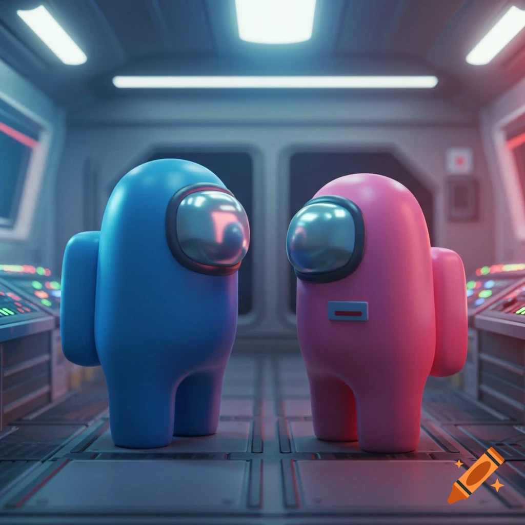 A blue and a pink Among Us character stand in a spaceship, facing each other.