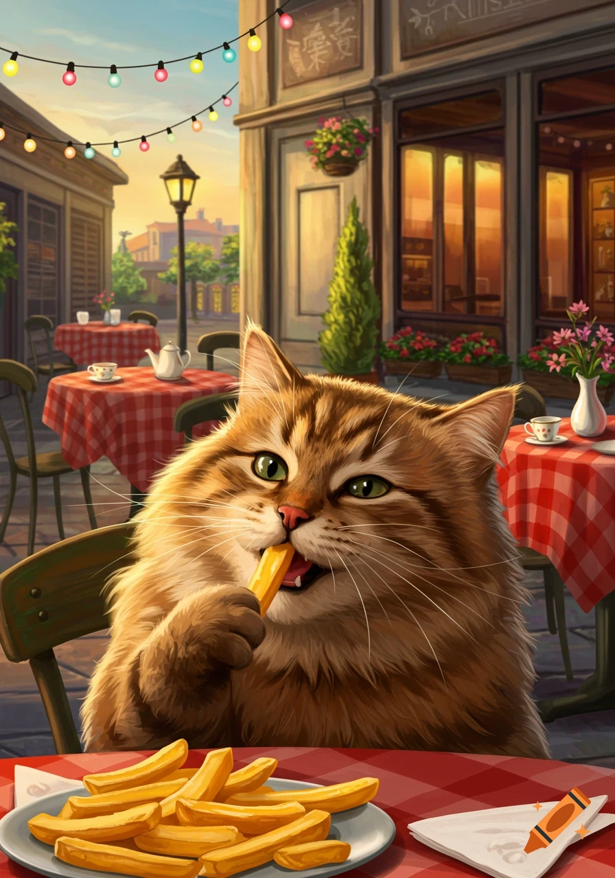 A fluffy orange cat sits at a cafe table with a red checkered tablecloth, happily eating a french fry from a plate of fries. String lights are overhead.