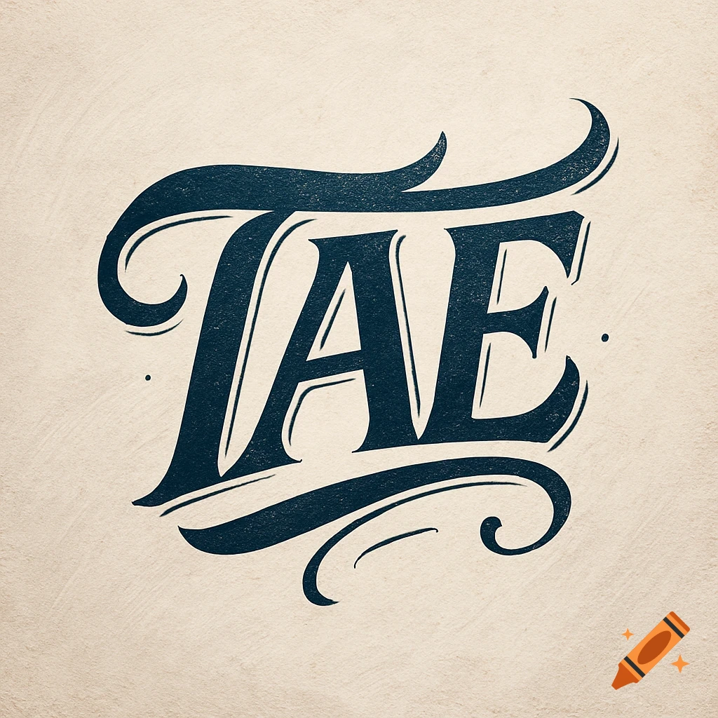A vintage-style custom logo for the letters 'TAE' in dark blue, with ornate flourishes on a light textured background.
