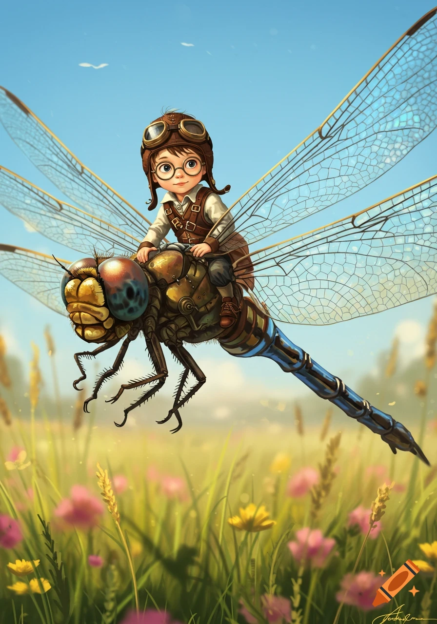 A young boy in steampunk pilot gear and glasses rides a large, metallic dragonfly over a field of wildflowers under a blue sky.