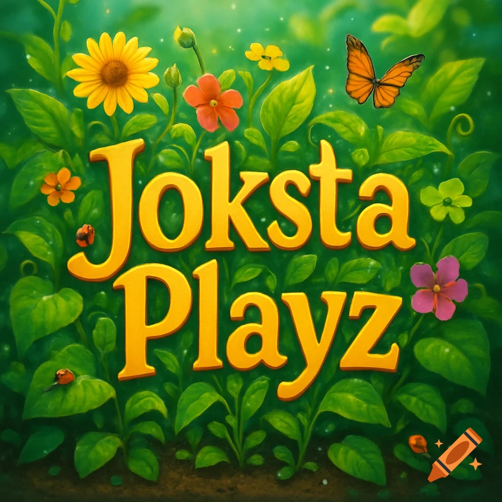 Bold golden text 'Joksta Playz' in a vibrant garden with colorful flowers, green leaves, ladybugs, and a butterfly.