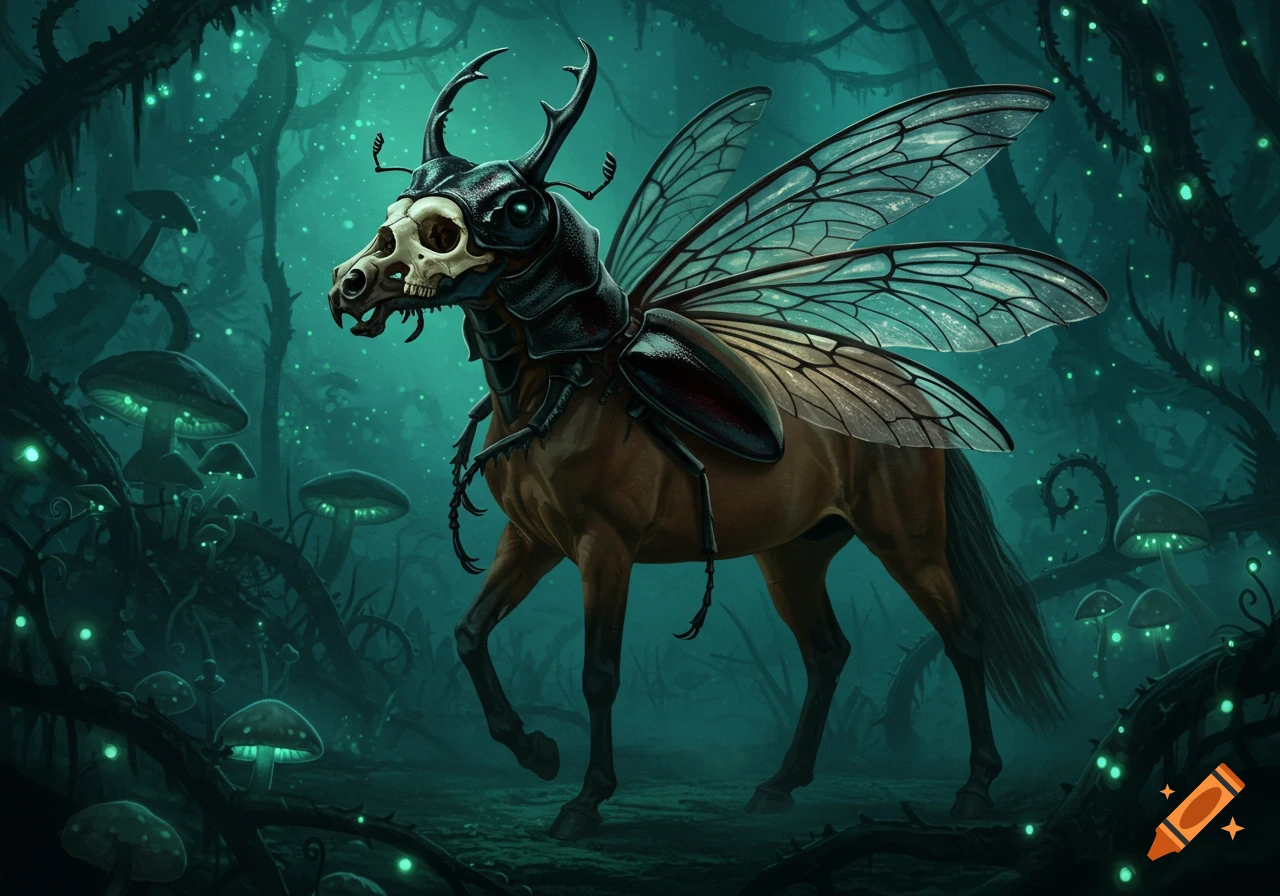 A dark fantasy illustration of a horse-like creature with a skull head and beetle wings, standing in a glowing mushroom forest.