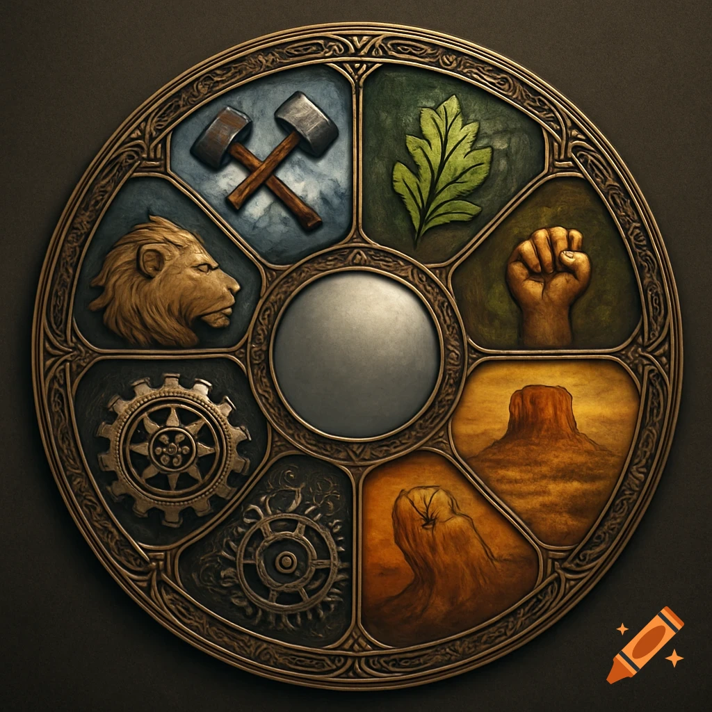 An ornate circular fantasy crest divided into segments, each with a symbol like hammers, a leaf, a fist, a butte, a gear, and a lion.