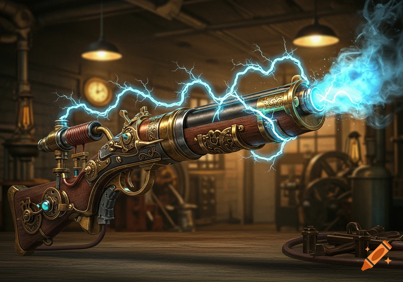 A steampunk blunderbuss crackling with blue lightning in a dimly lit workshop.