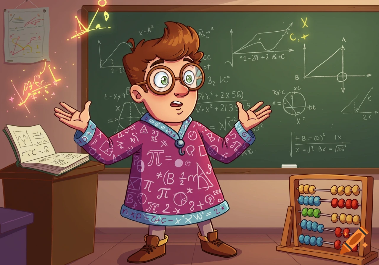 A cartoon boy in a math-themed robe and glasses stands in a classroom with a blackboard full of equations and an abacus.