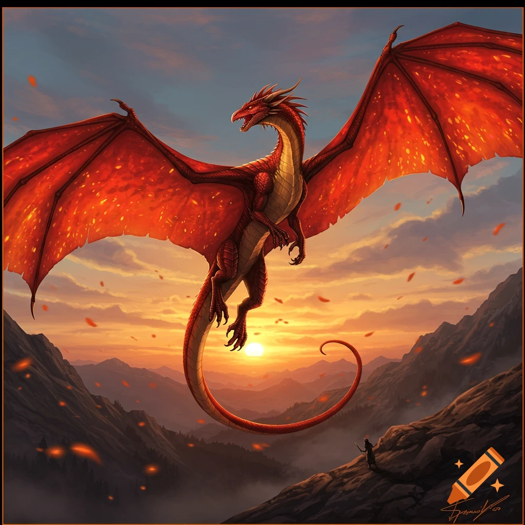 A majestic red dragon with large, fiery wings soars over a mountain landscape during a vibrant sunset, with a small figure looking up.