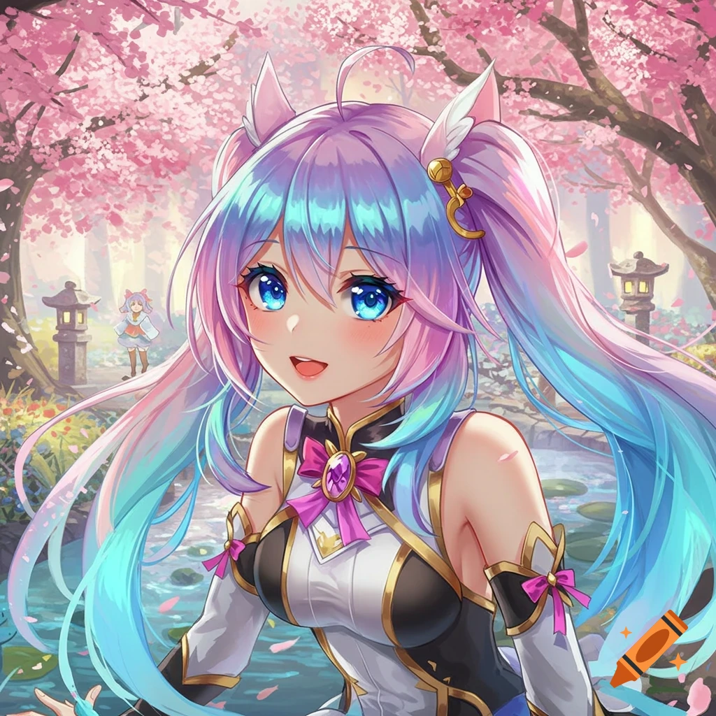 An anime character with multi-colored hair and cat ears smiles in a vibrant cherry blossom forest.