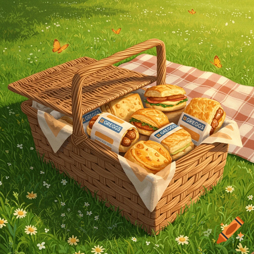 An illustrated picnic basket filled with Greggs pastries and sandwiches sits on a grassy field with daisies and butterflies.