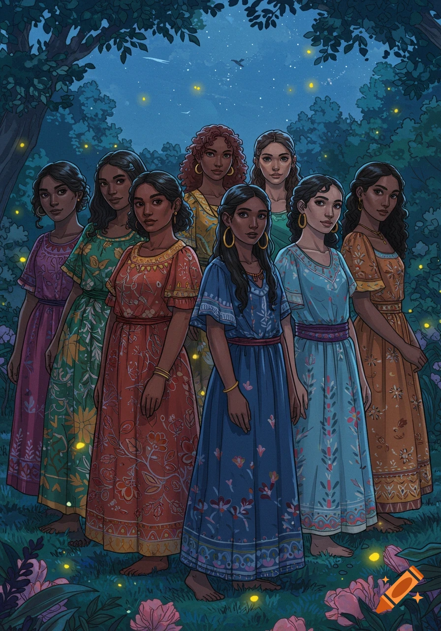 Eight women in colorful, patterned dresses stand in a glowing, dark forest at night, surrounded by fireflies and flowers, in an illustrative style.