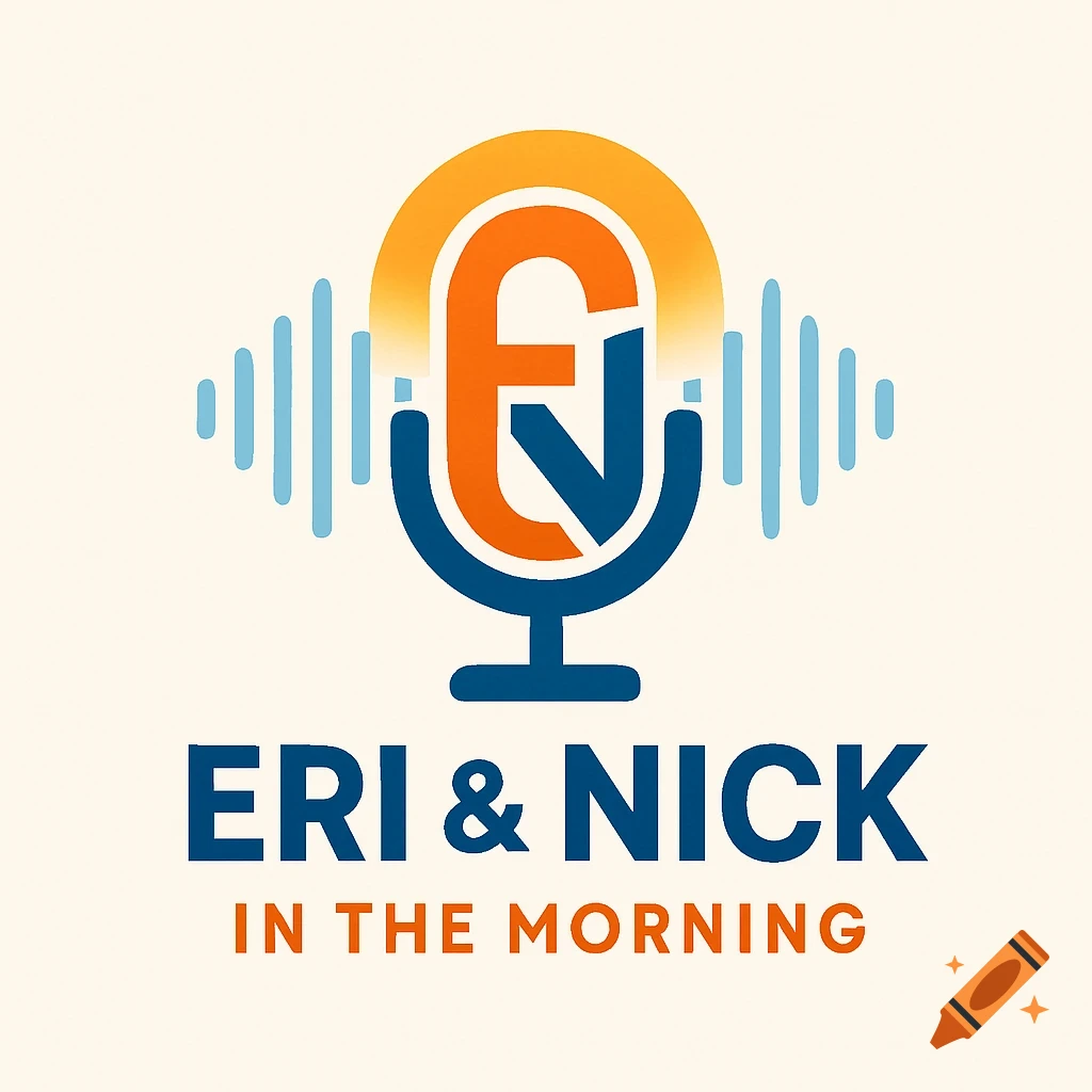 A podcast logo featuring a microphone with orange and blue abstract letters 'E' and 'N' inside, above 'ERI & NICK IN THE MORNING' text.