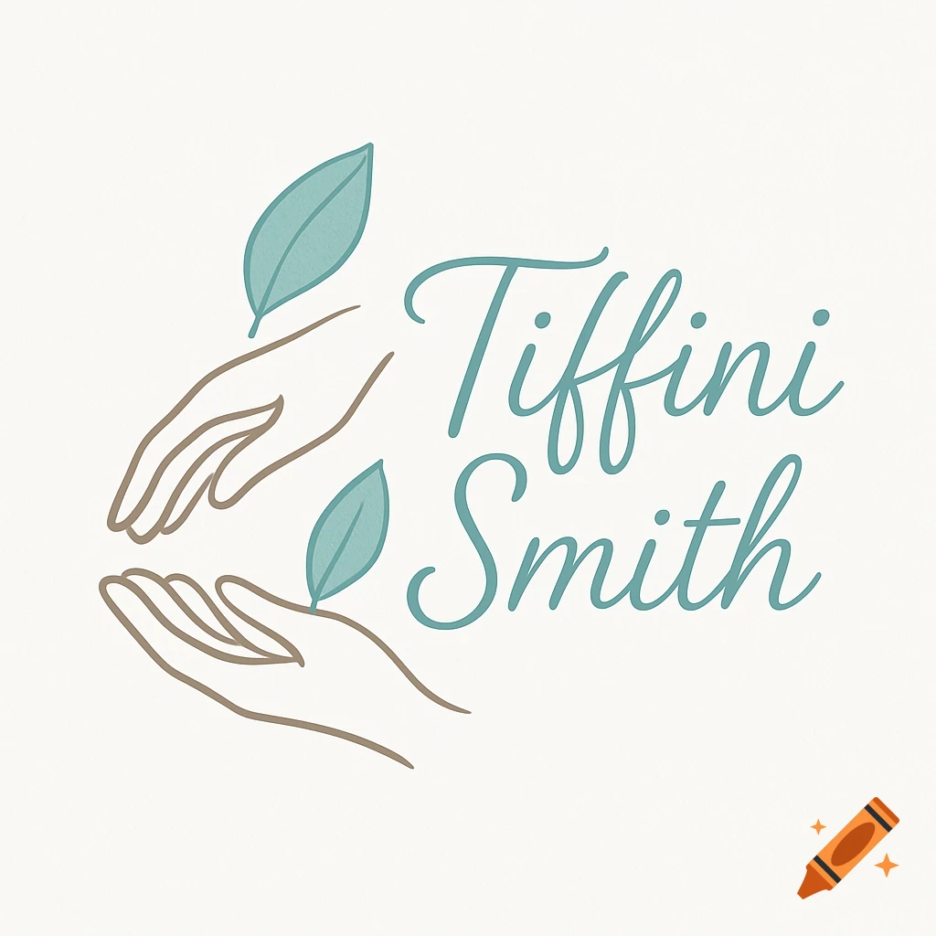 A minimalist logo for Tiffini Smith featuring two line-drawn hands and teal leaves.