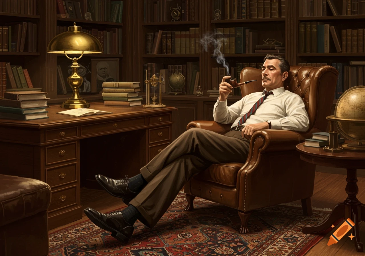 A distinguished man smoking a pipe, relaxing in a large leather armchair in a wood-paneled study filled with books.
