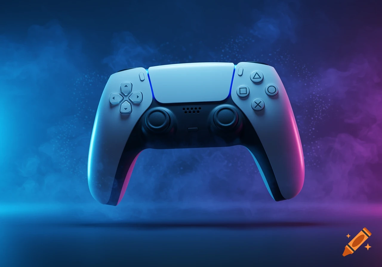 A white PS5 controller with blue and pink neon lighting against a dark, smoky background.