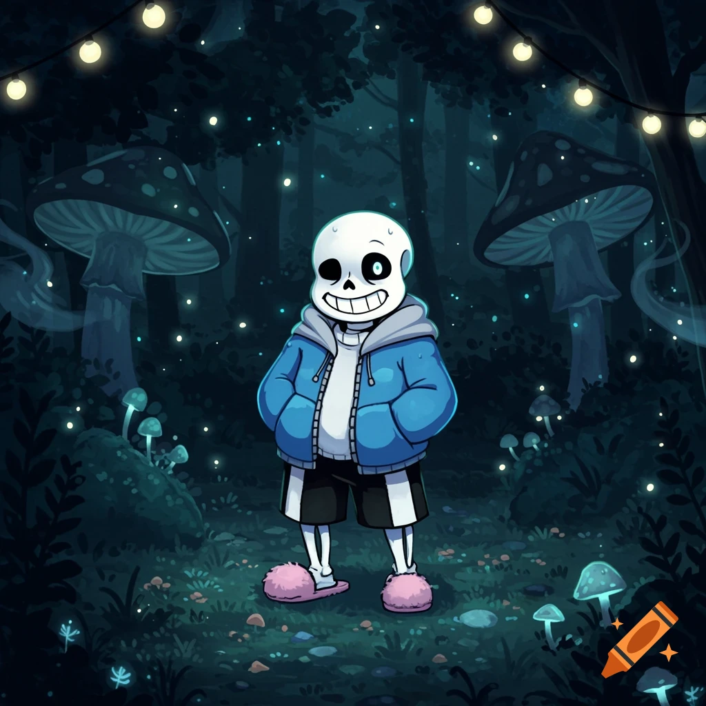 A cartoon skeleton character, Sans from Undertale, stands in a magical dark forest with glowing mushrooms and string lights, wearing a blue hoodie and pink slippers.