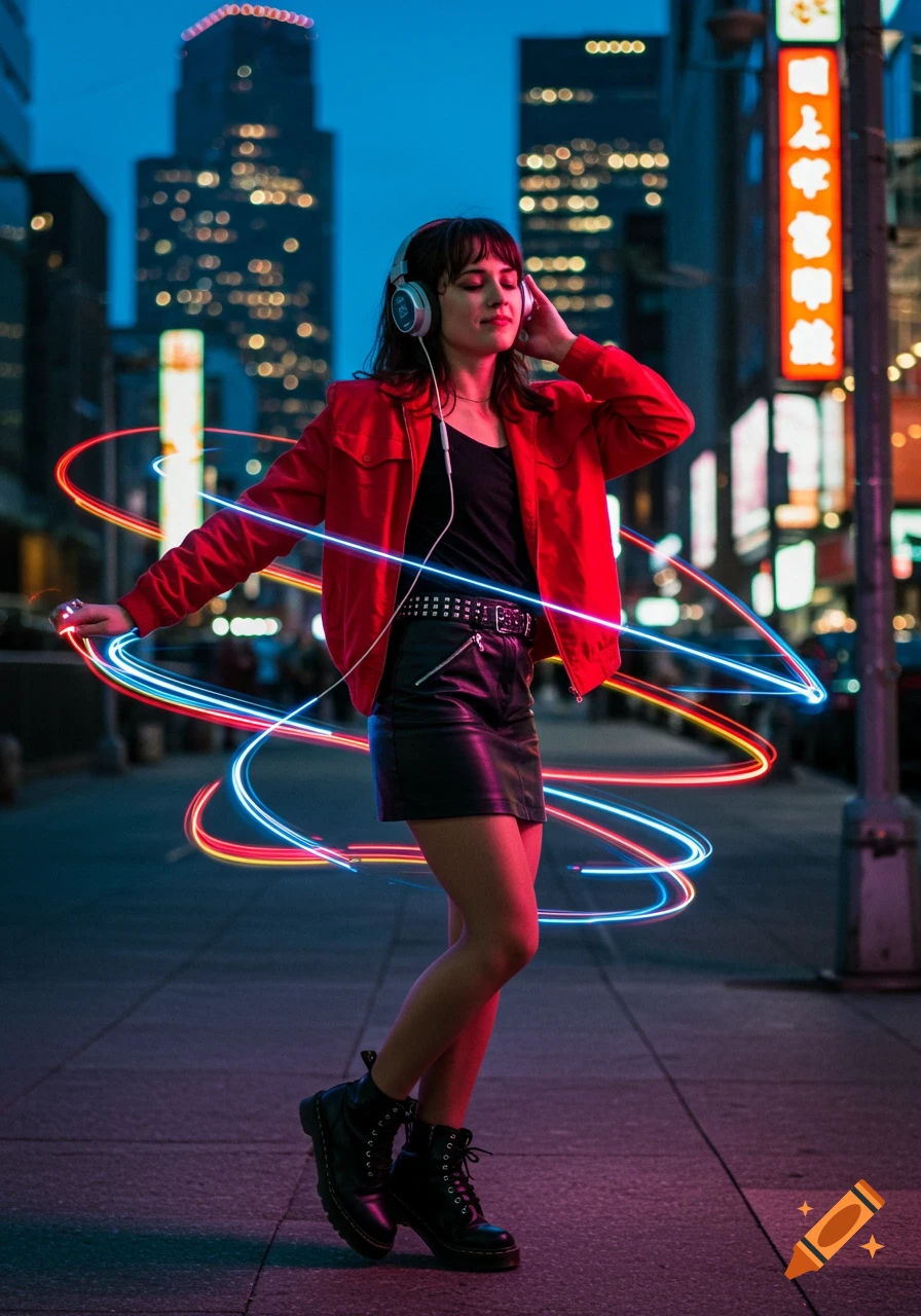 A woman in a red jacket and black skirt listens to headphones on a city street at night, surrounded by swirling neon light trails.