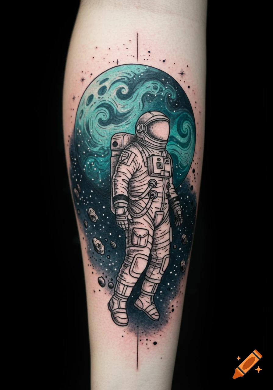 A detailed tattoo on skin showing an astronaut floating in space with a swirling teal planet and asteroids behind them.