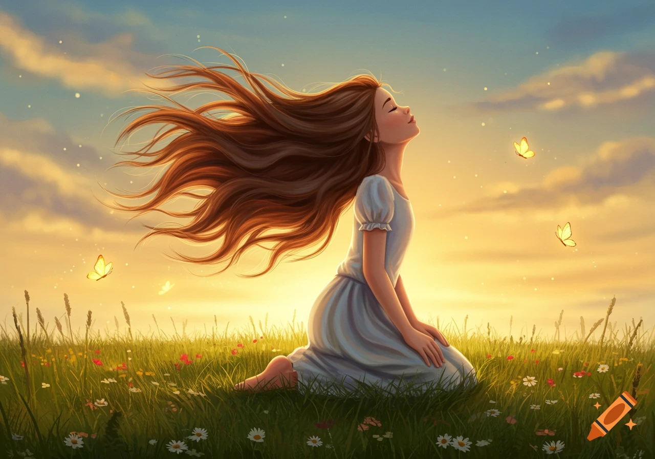 Illustrated girl kneeling in a grassy field with wildflowers, her long hair blowing in the wind against a golden sunset sky with butterflies.