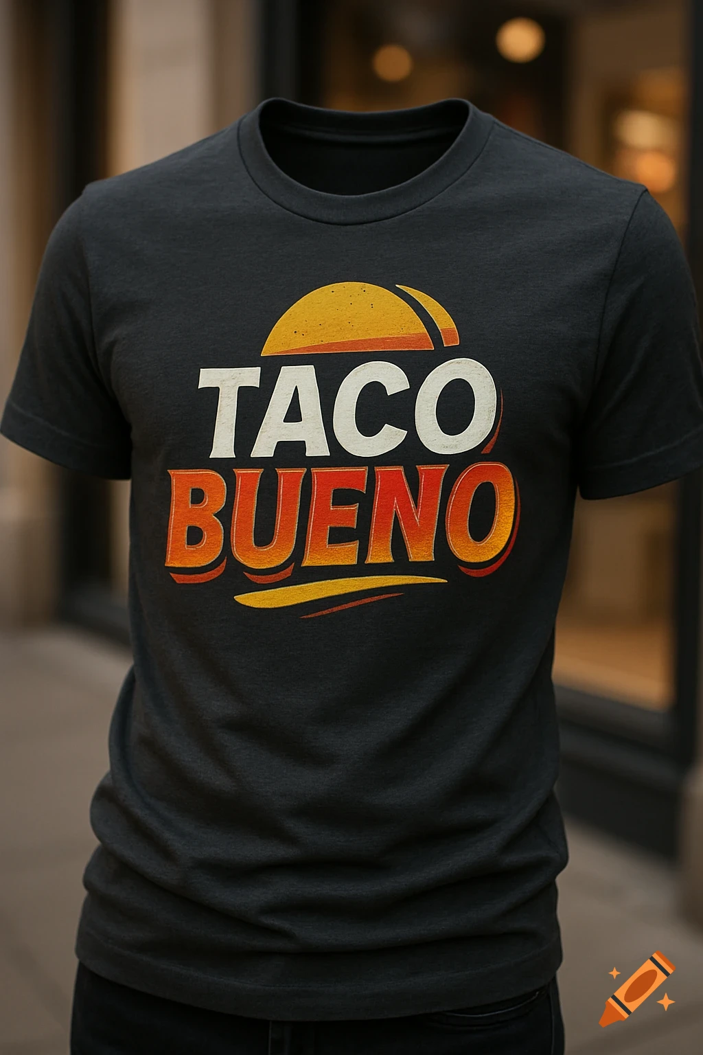 A dark gray t-shirt featuring a 'TACO BUENO' logo in orange, yellow, and white, with a stylized taco shell above 'TACO'.